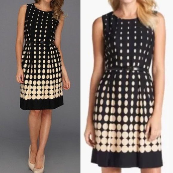 Tahari ASL Dresses & Skirts - Tahari ASL Neutrals Polka Dot Pleated Dress Knee Length Black Beige Cream,  Sz 6